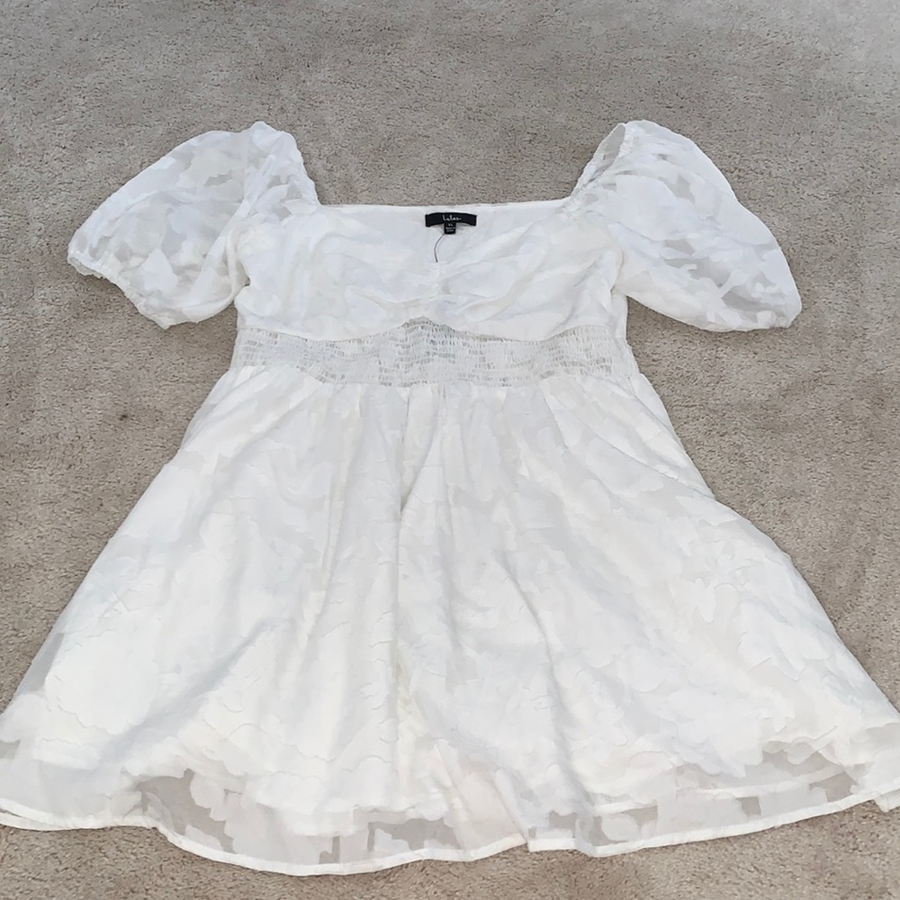 Embracing the Season White Floral Burnout Puff Sleeve Mini Dress